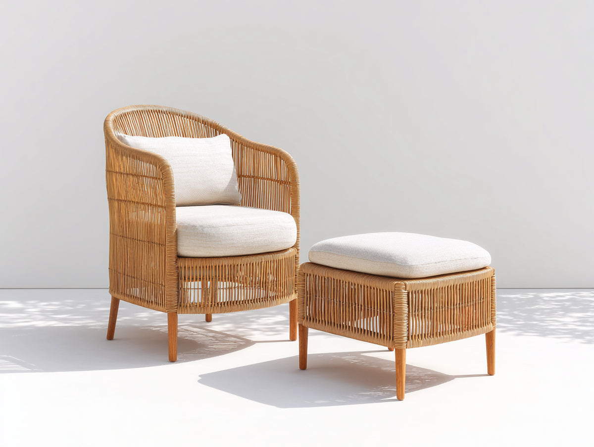 Fauteuil de jardin - Rotin-Textile-Bois - 76 x 72 x 88 cm - Naturel-Écru - Style bohème contemporain