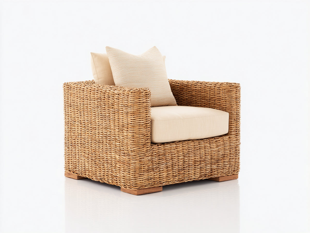 Fauteuil de jardin - Fibre tressée-Textile-Bois - 82 x 78 x 76 cm - Naturel-Beige - Style bohème
