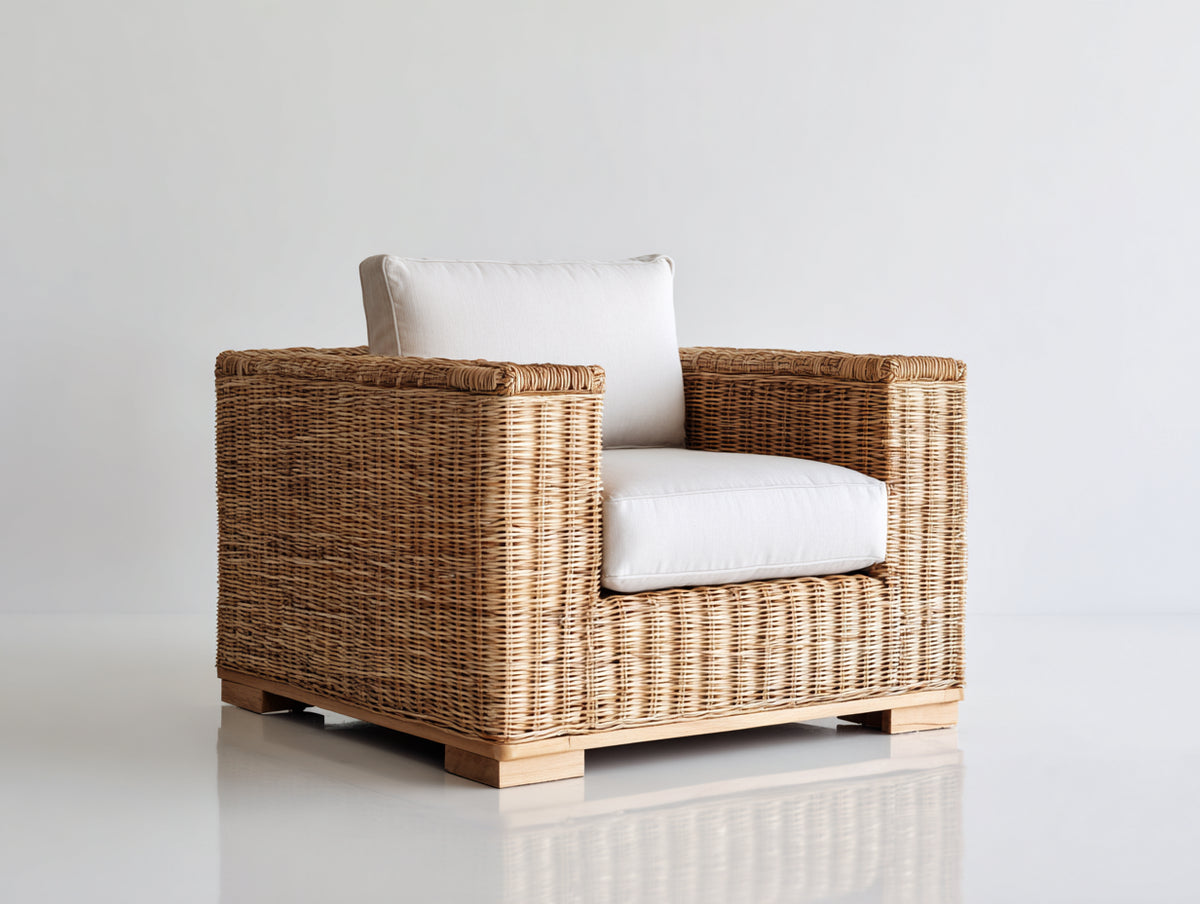 Fauteuil de jardin - Rotin-Textile-Bois - 91 x 87 x 79 cm - Naturel-Blanc cassé - Style naturel contemporain