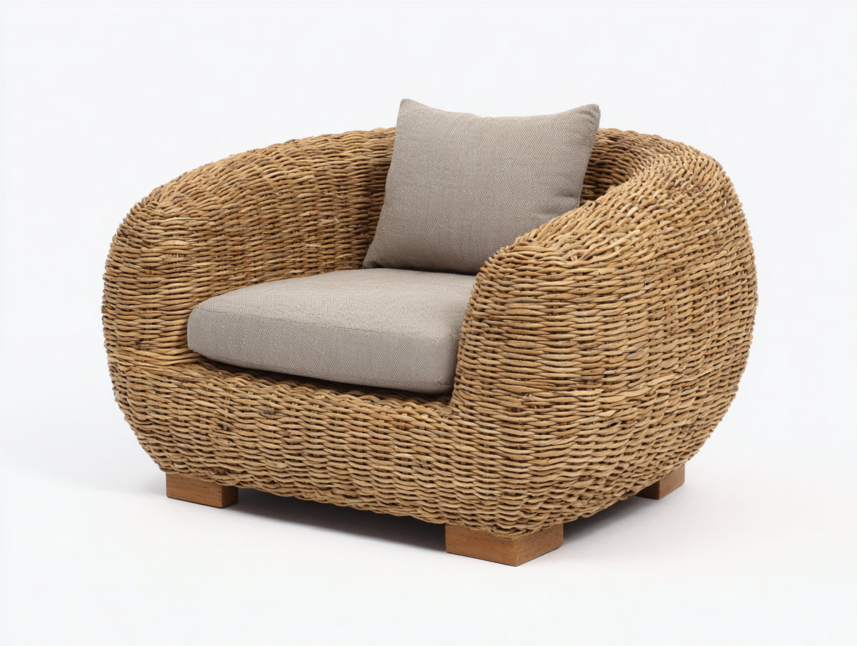 Fauteuil de jardin - Rotin-Textile-Bois - 96 x 90 x 78 cm - Naturel-Taupe - Style organique
