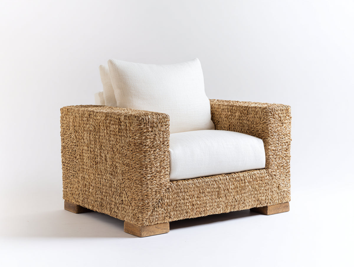 Fauteuil de jardin - Fibre tressée-Textile-Bois - 90 x 85 x 79 cm - Naturel-Blanc cassé - Style naturel