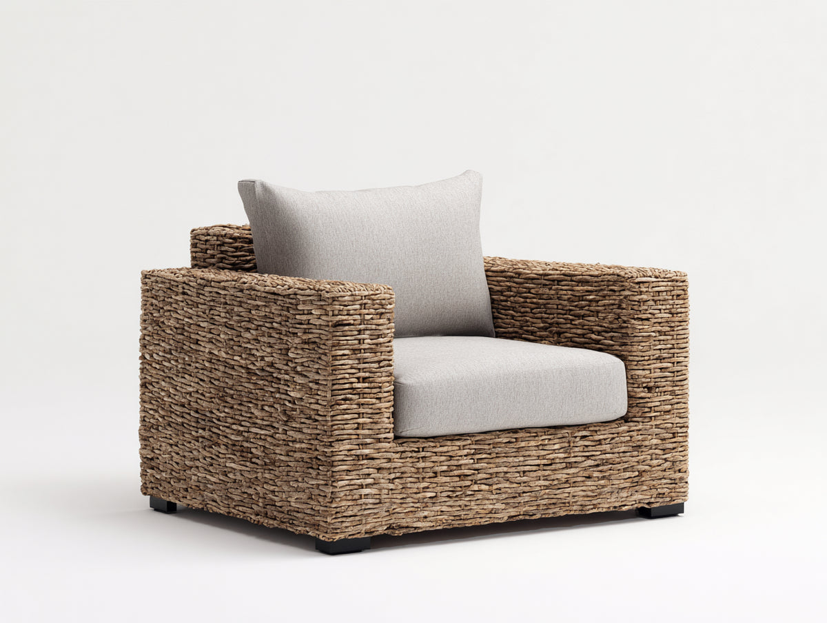 Fauteuil de jardin - Fibre synthétique tressée-Textile-Métal - 93 x 87 x 78 cm - Naturel-Gris clair-Noir - Style organique contemporain