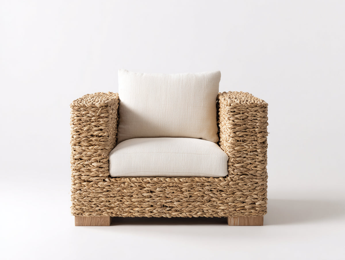 Fauteuil de jardin - Fibre tressée-Textile-Bois - 86 x 81 x 76 cm - Naturel-Écru - Style artisanal