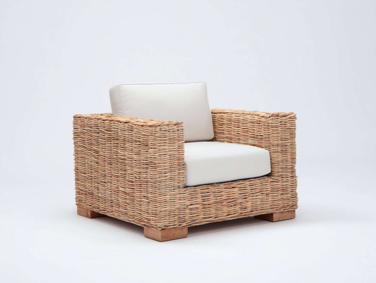 Fauteuil de jardin - Rotin-Textile-Bois - 88 x 83 x 77 cm - Naturel-Ivoire - Style méditerranéen