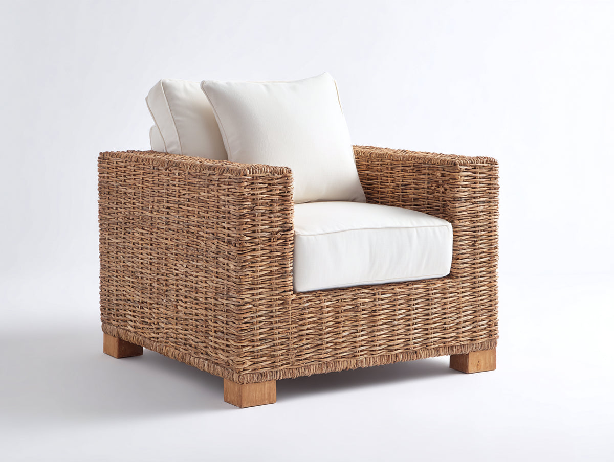 Fauteuil de jardin - Rotin-Textile-Bois - 90 x 85 x 78 cm - Naturel-Blanc cassé - Style rustique contemporain