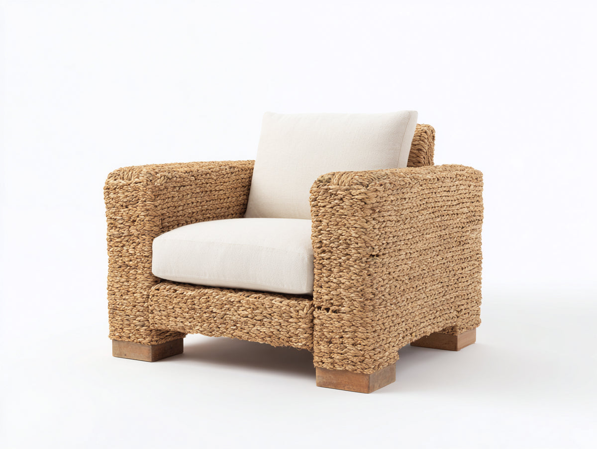 Fauteuil de jardin - Fibre tressée-Textile-Bois - 87 x 82 x 76 cm - Naturel-Écru - Style bohème