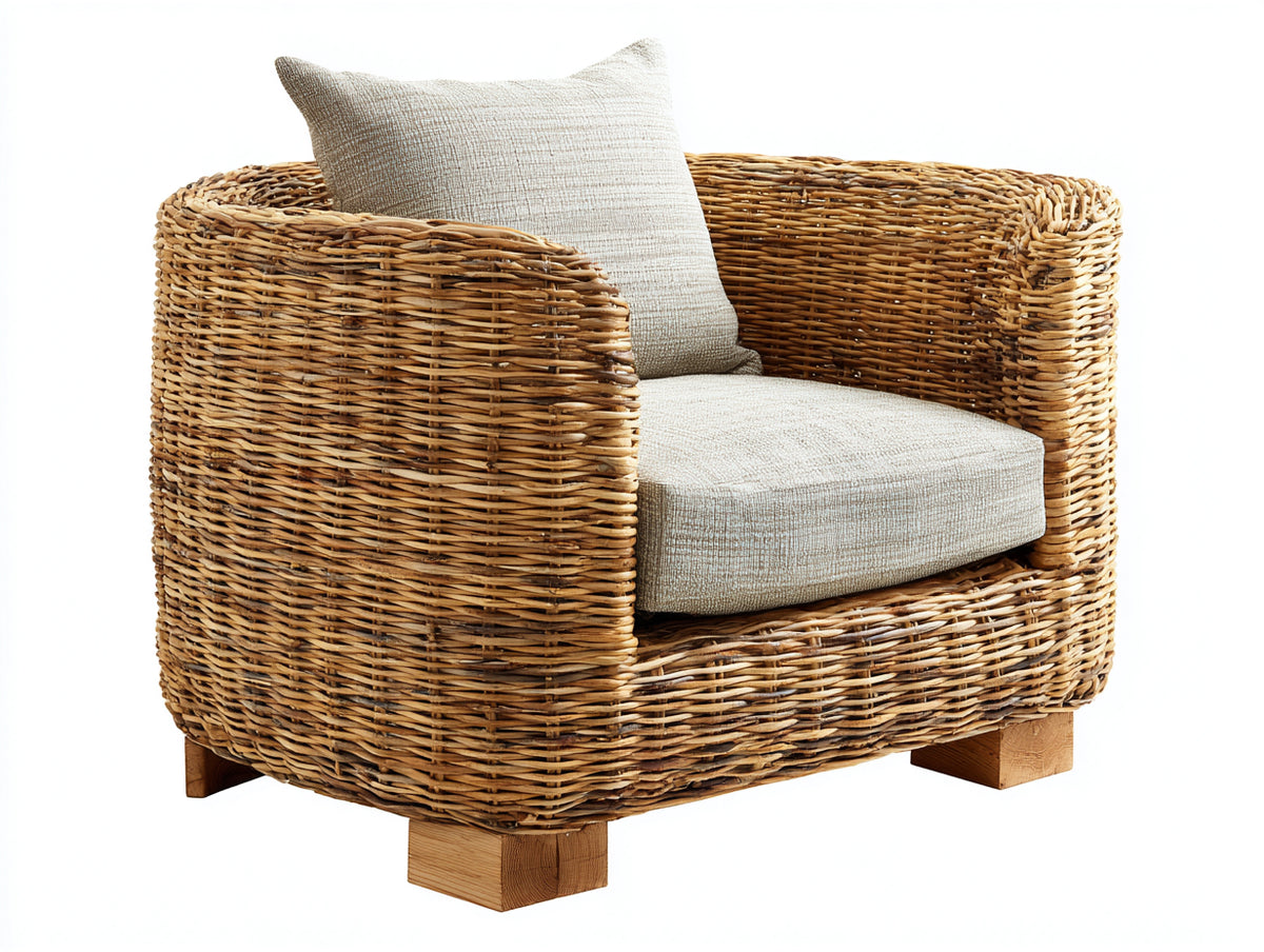 Fauteuil de jardin - Rotin-Textile-Bois - 88 x 84 x 78 cm - Naturel-Beige - Style rustique