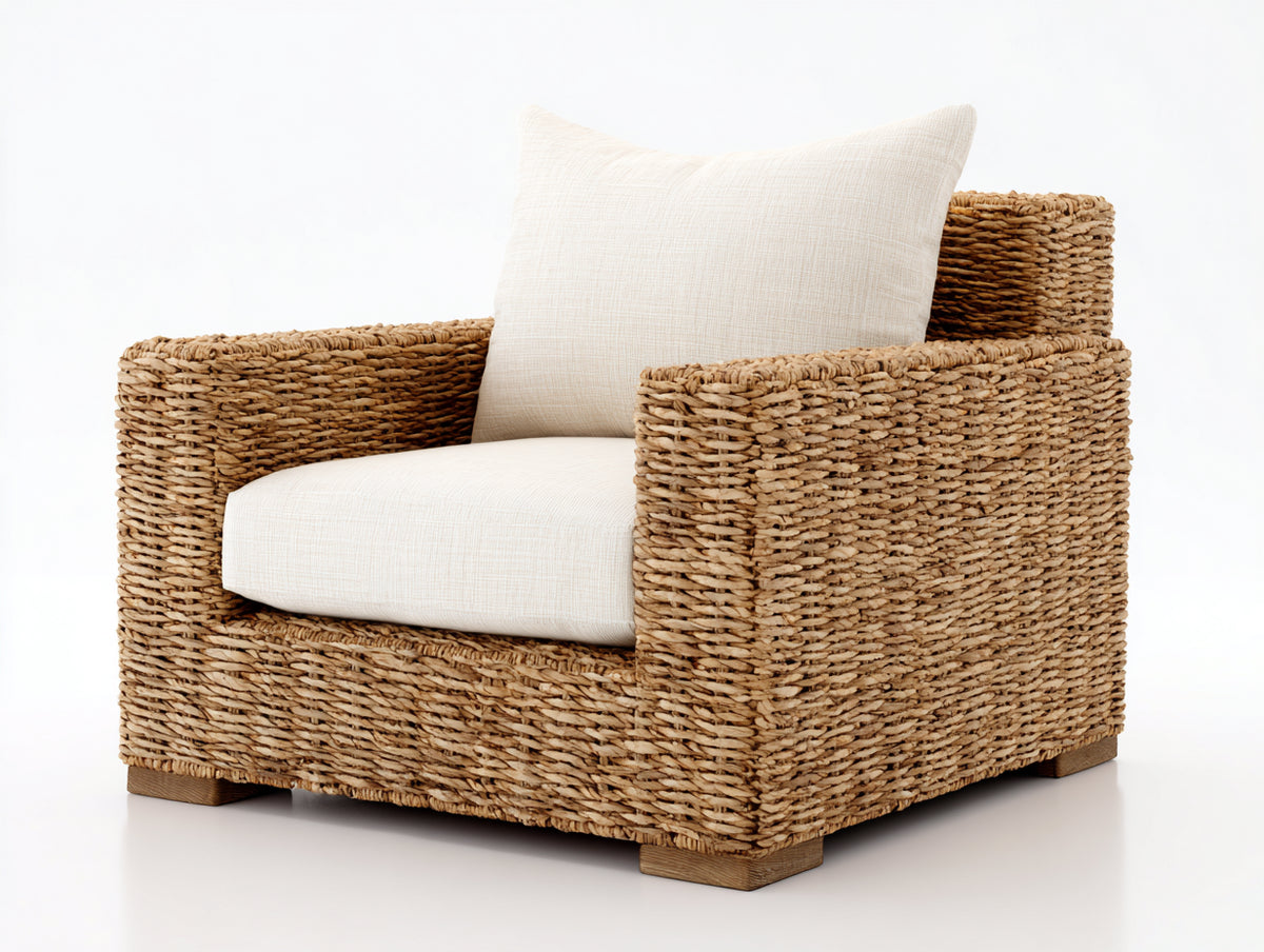 Fauteuil de jardin - Fibre tressée-Textile-Bois - 92 x 87 x 79 cm - Naturel-Écru - Style contemporain